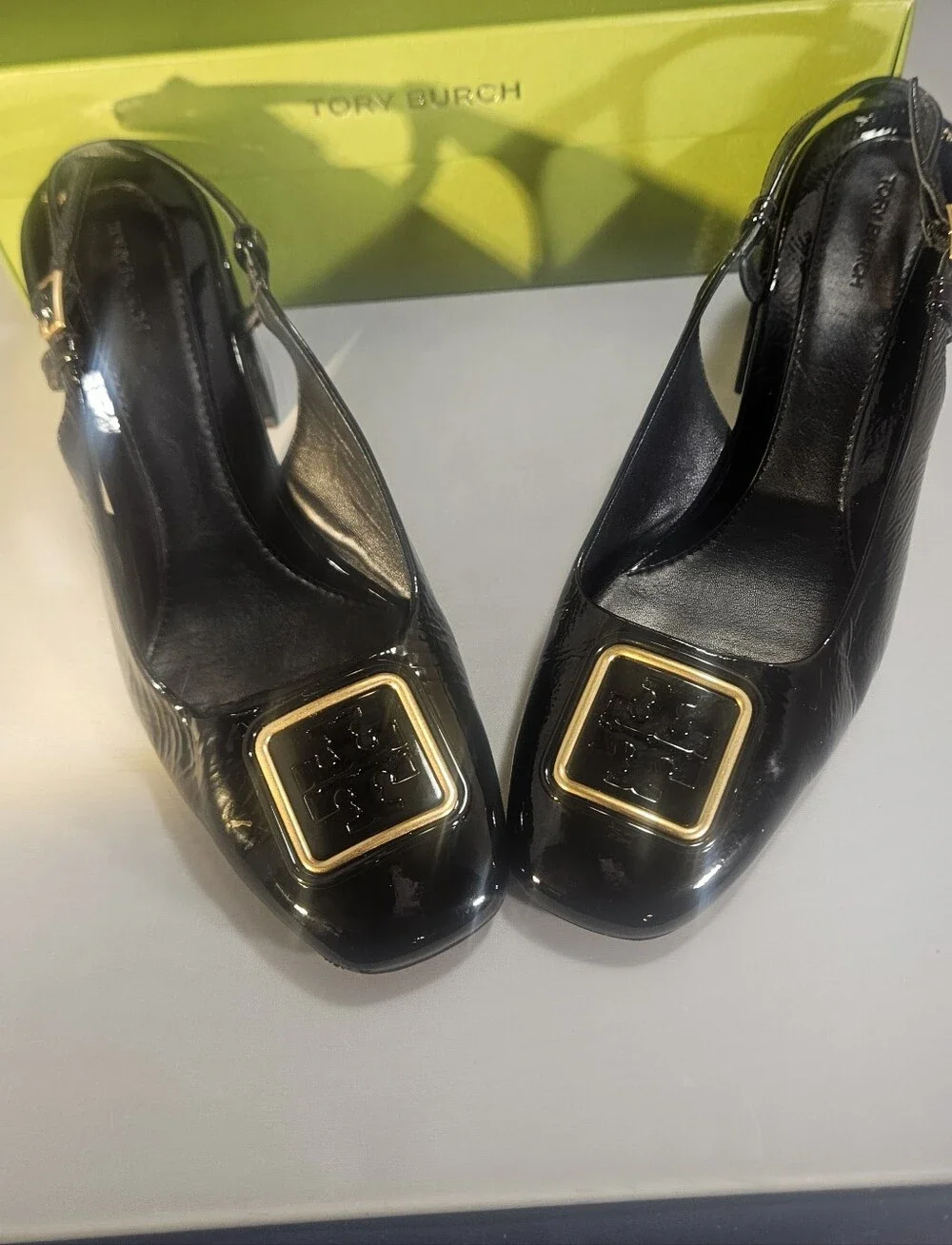 Authentic Tory Burch Black Patent Slingback Block Heel Pumps